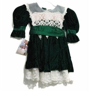 Jinelle Girls Green Rayon White Lace Victorian Style Dress Puff Sleeve 2T NWT